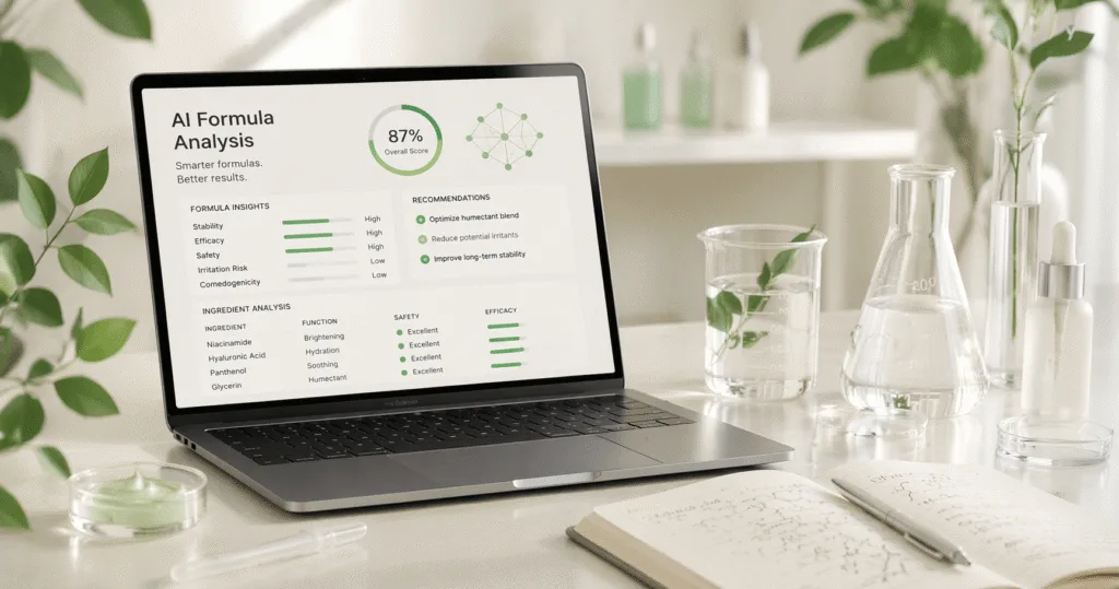 AI cosmetic formula analysis dashboard in a formulation laboratory