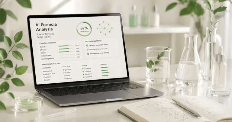 AI cosmetic formula analysis dashboard in a formulation laboratory