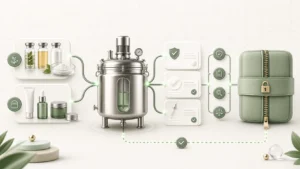 Cosmetic production batch connected to lot records, quality documents and compliance export