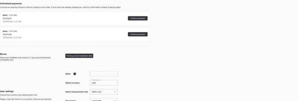Account settings: currency, metric units and date format