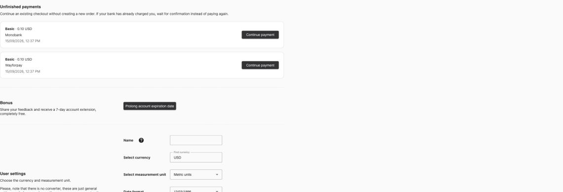 Account settings: currency, metric units and date format