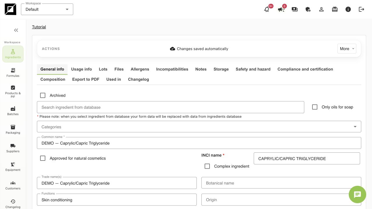 Exact trade name and INCI on the Ingredient record