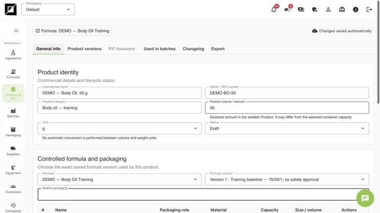 Product identity with 50 g declared amount and controlled formula