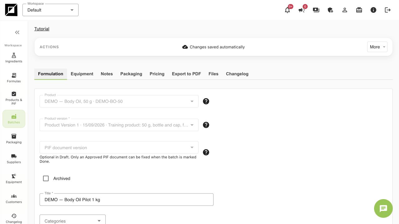 Saved training Batch with controlled product and Done status