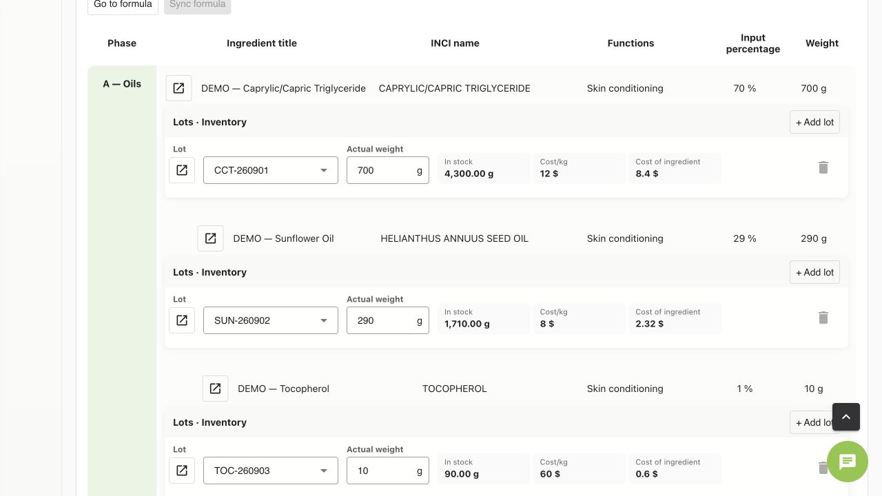 Actual ingredient lots and weights on the production record