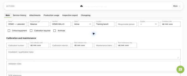 DEMO equipment identity and calibration fields