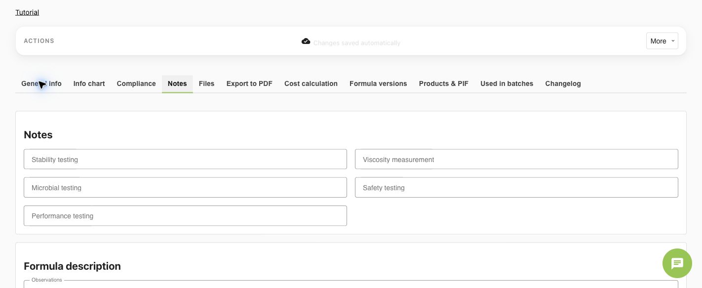 Formula testing and specifications fields