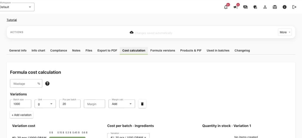Formula cost calculation uses entered ingredient prices