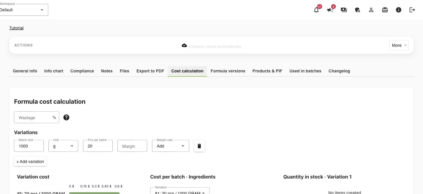 Formula cost calculation uses entered ingredient prices