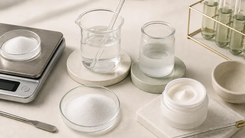 Allantoin powder, water phase, cooled sample and finished cosmetic cream during formulation testing