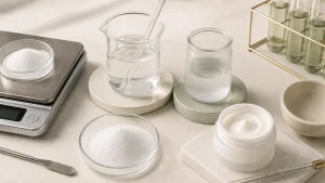 Allantoin powder, water phase, cooled sample and finished cosmetic cream during formulation testing