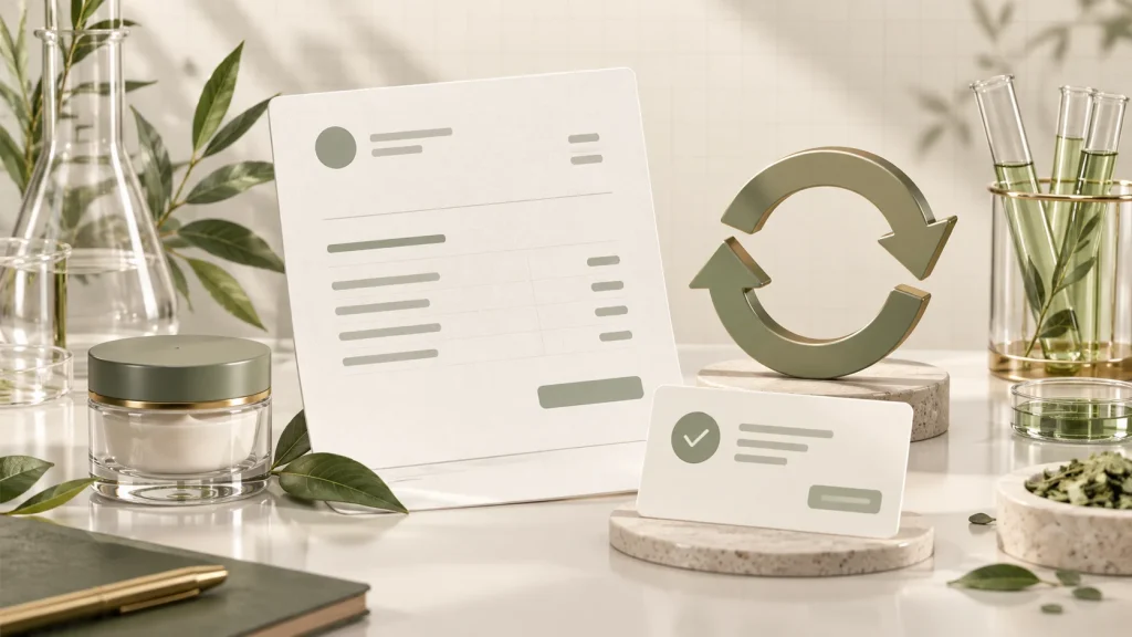 Company invoice, payment receipt and subscription continuity at a cosmetic studio desk