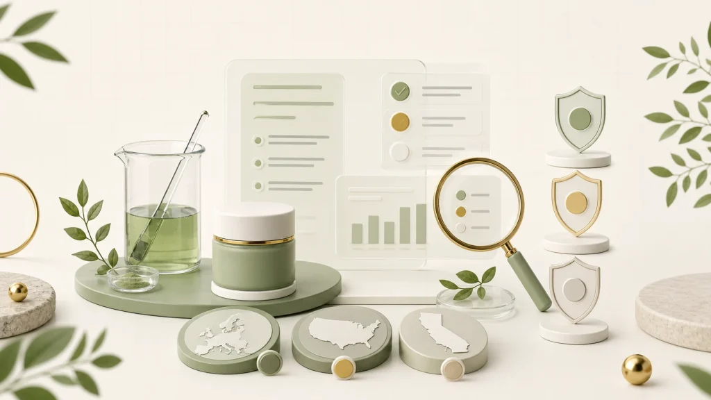 Cosmetic formula compliance analysis with source review for the European Union, United States and California