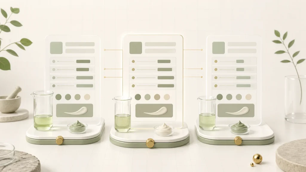 Three cosmetic formula records compared side by side with matching formulation samples