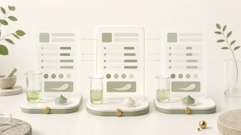 Three cosmetic formula records compared side by side with matching formulation samples