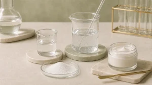 Panthenol powder and solutions being prepared beside a finished cosmetic cream in a formulation laboratory