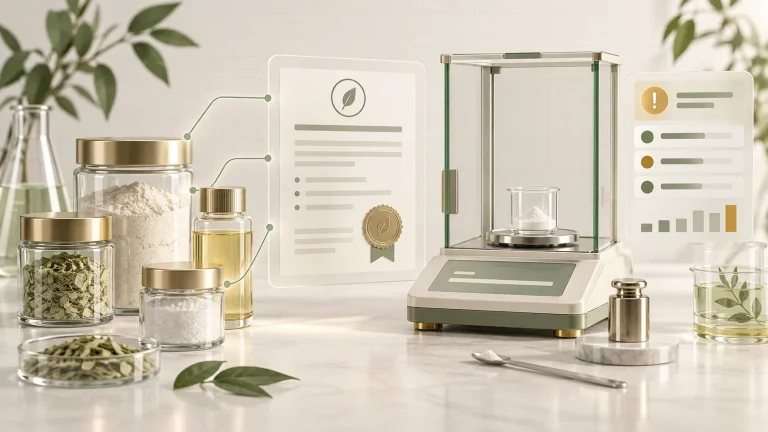 Documenti di qualità del laboratorio cosmetico, bilancia e avvisi operativi
